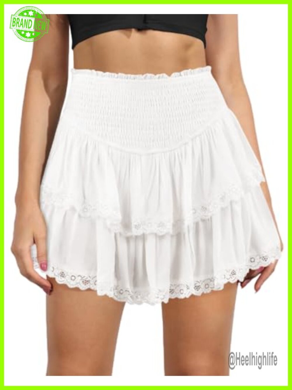 Ruffle Mini Skirt with Shorts Lace Hem Tiered Smocked High Waist Flowy